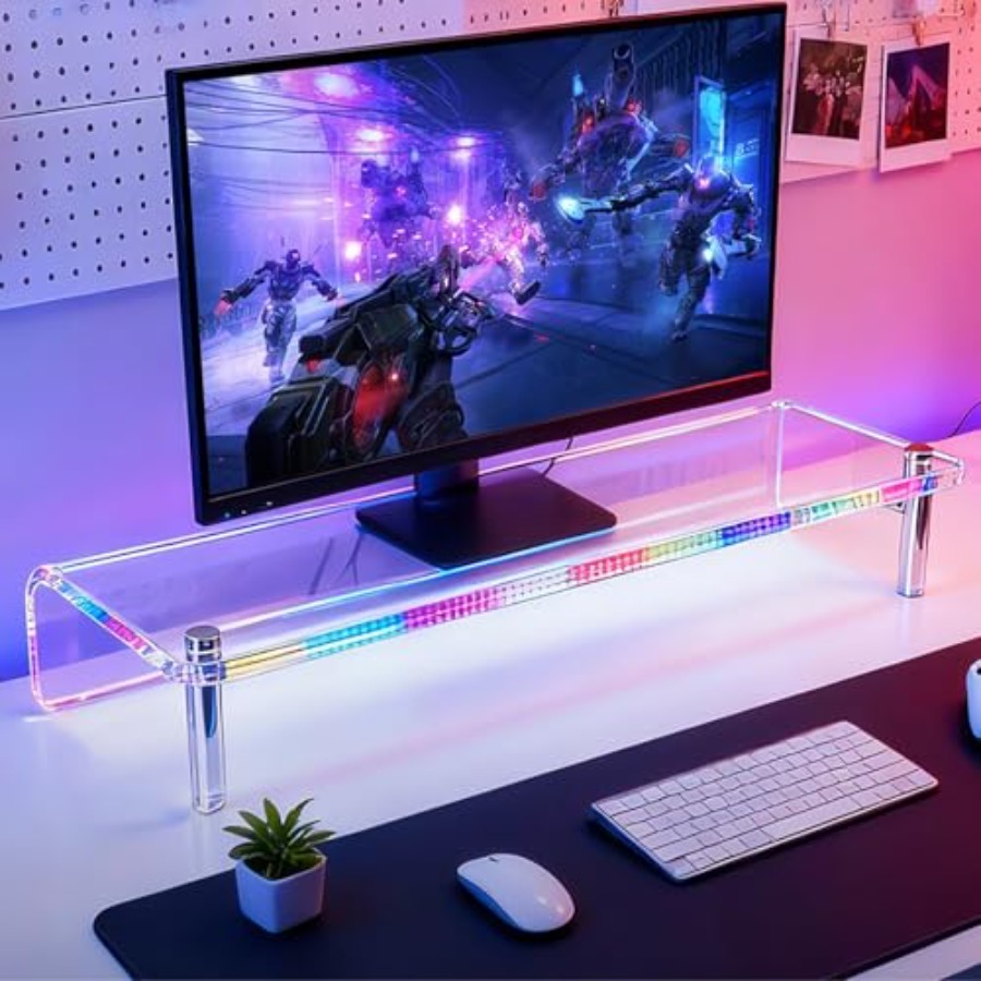 Desk Setup With Laptop And Monitor - Acrylic Monitor Stand with WRGB Lights